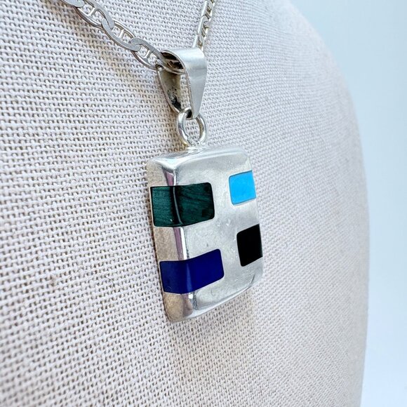 Sterling Silver 925 Multi Gemstone Southwestern Pendant Necklace Size 23" Length - Picture 3 of 16